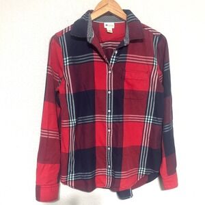 STYLUS Womens Plaid Long Sleeve Button Up Shirt Red Navy Blue Size M